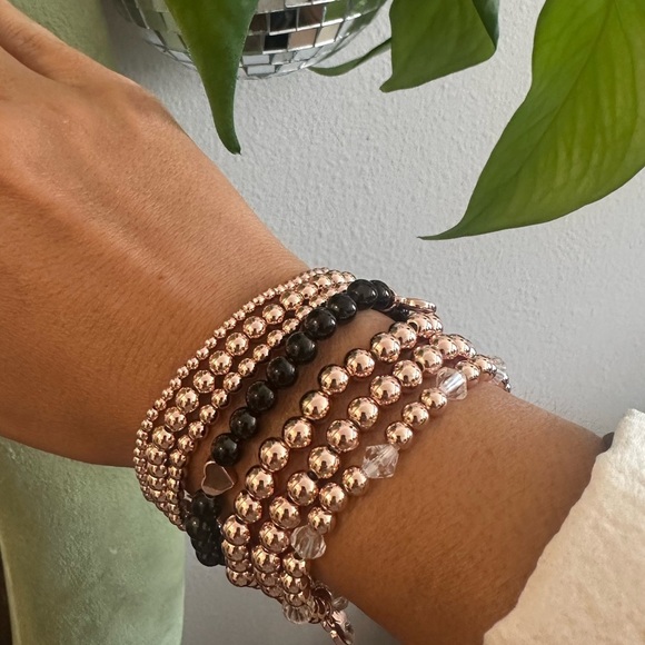 Elegant Rose Gold and Black Beaded Bracelet Set gold plated armstack set of 7 - Picture 7 of 8